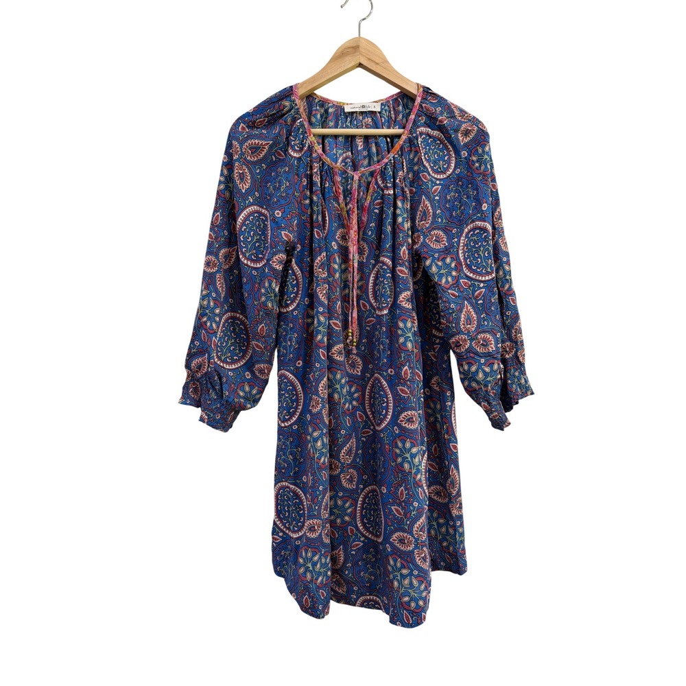 Natural Life Blue Paisley Floral Boho Mini Dress Smocked Sleeve Women Small